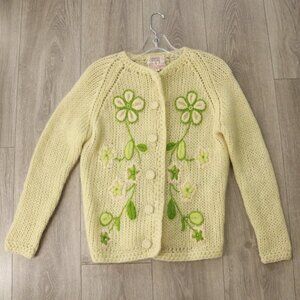 Vtg Campus Casuals Cardigan Sweater Women S Yellow Spring  Crewel Floral Mohair